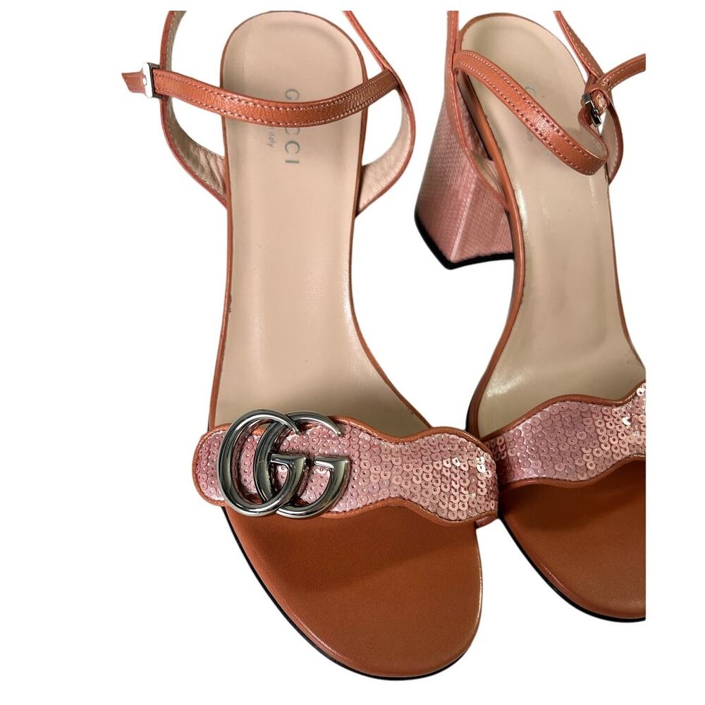 Gucci Pink Sequin GG Marmont Mid Heeled Sandals 37 - Picture 3 of 13